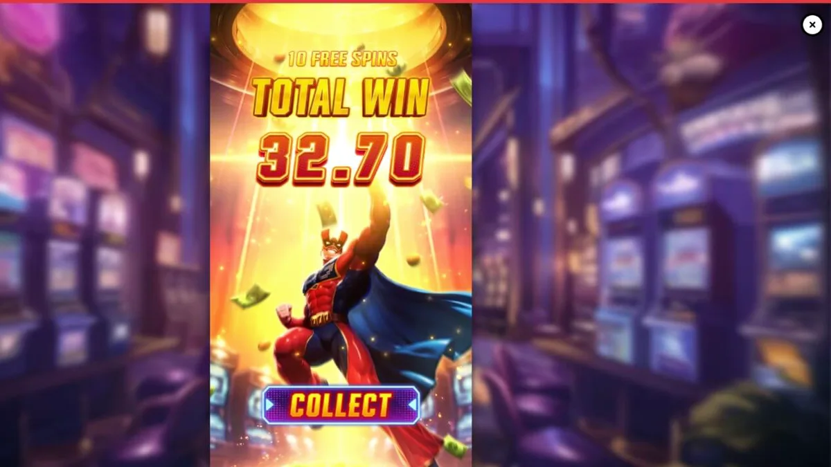 Interface do slot Super Wildrix com tema de super-herói neon