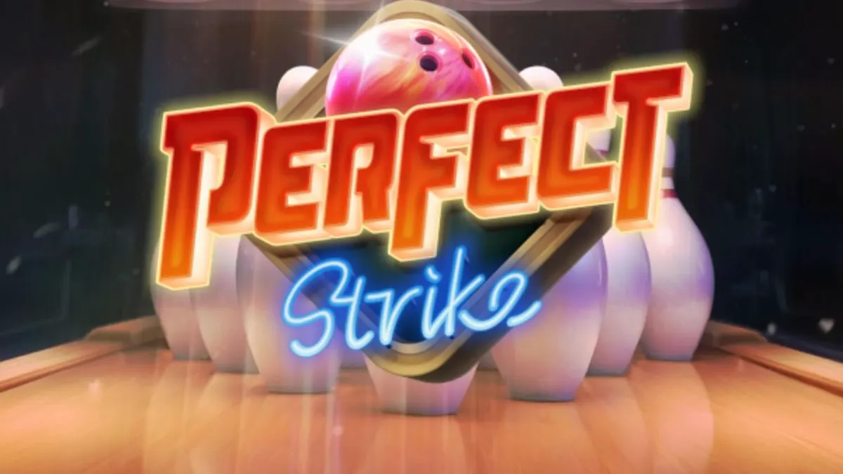 Interface do jogo de slot Perfect Strike com tema de boliche neon