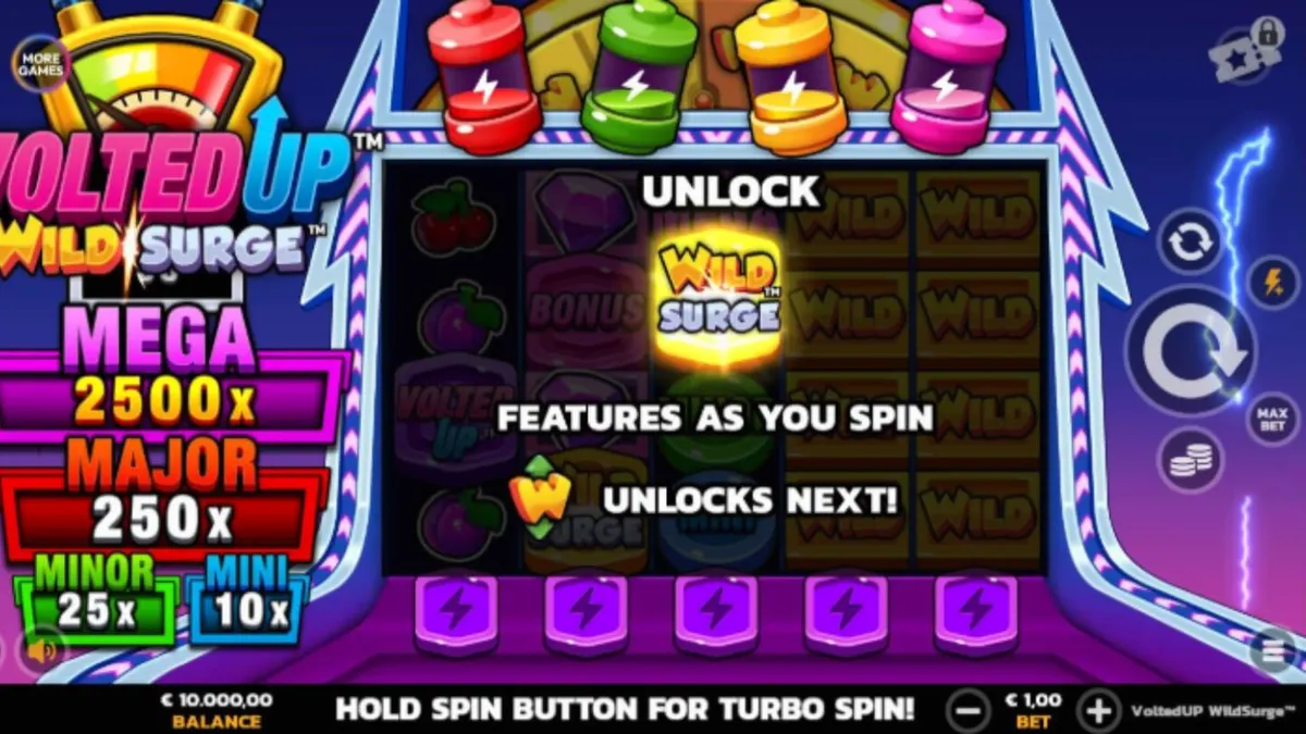 Interface do jogo VoltedUP WildSurge em um dispositivo móvel mostrando luzes neon e símbolos clássicos